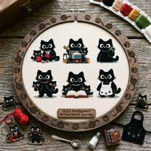 May include: Cross-stitch embroidery hoop featuring a series of black cat illustrations in various poses. The wooden hoop has a decorative border with paw prints and yarn balls. The text "Gigi's Handywork - A Pixel Stitch Journey" is visible.