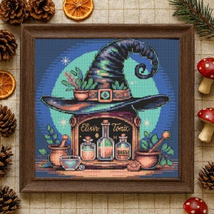 Fantasy Witch Hat Cross Stitch Pattern Halloween Elixir Apothecary Witch Hat Embroidery Pattern Spooky Hat Cottage Halloween Cross Stitch