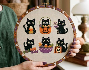 Patrón de punto de cruz de calabaza con diseño de caramelos de maíz: Mini motivos de caramelos de Halloween para bordar (PDF)