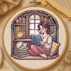 Peaceful Girl Reading Corner with Cat Cross Stitch Pattern Woman Reading by the Window Embroidery Perfect Cross Stitch For Book Lovers
