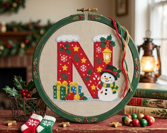 Letter N Christmas Cross Stitch Pattern: Snowman Lantern Gifts Festive Initial Embroidery PDF