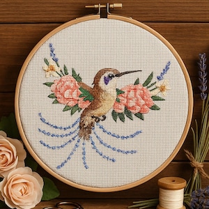Floral Hummingbird Cross Stitch Pattern, Elegant Bird Wildflowers Embroidery, Pink peony lavender wings bird Botanical Songbird Stitch PDF