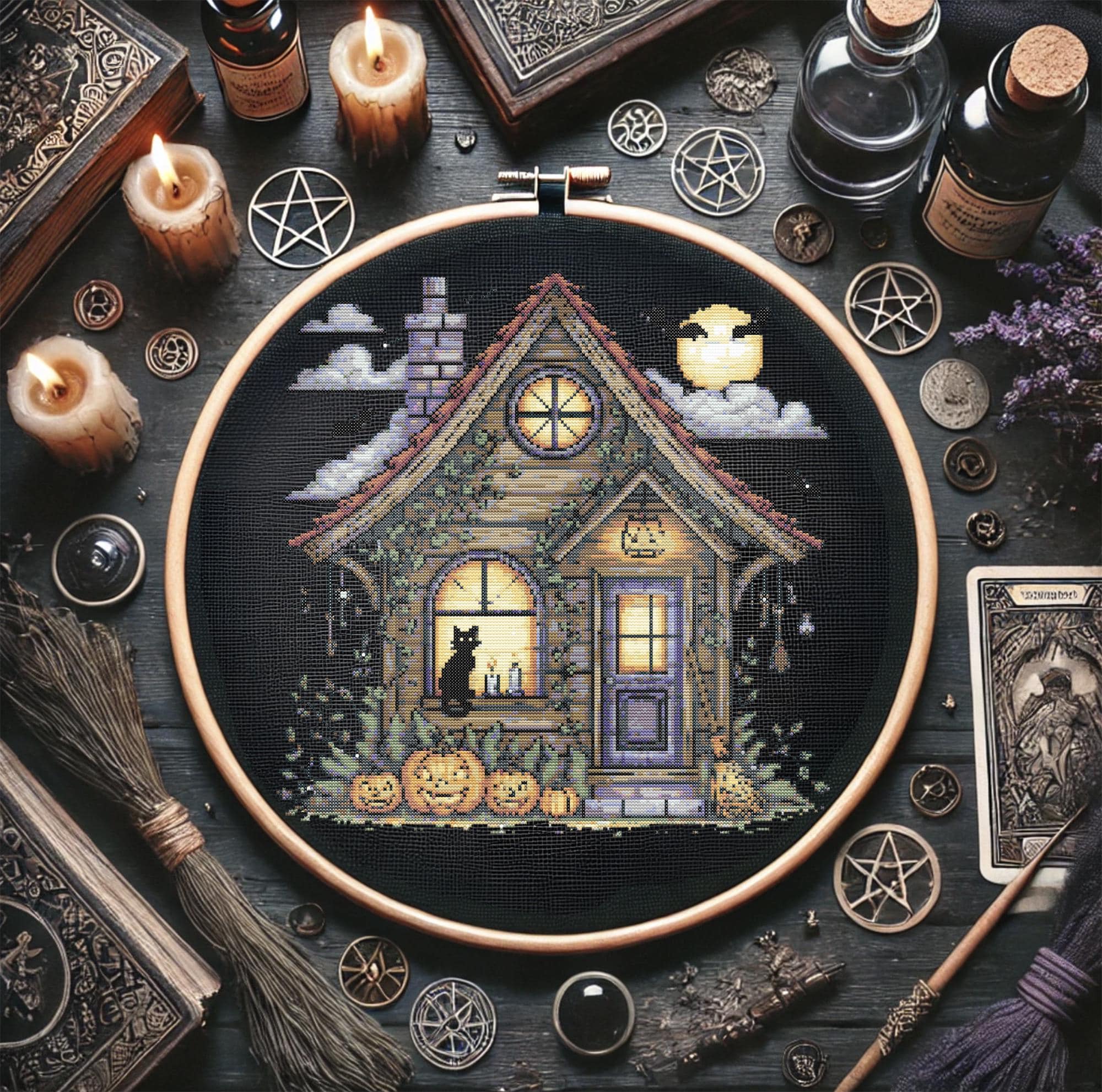 Halloween Witch House With Black Cat Cross Stitch Pattern Spooky ...