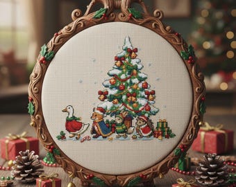 Woodland Christmas Tree Cross Stitch Pattern: Holiday Embroidery PDF with Goose, Fox, Bunny, Hedgehog, and Festive Tree