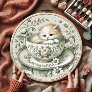 May include: A white teacup with a floral pattern and a kitten curled up inside. The teacup is on a white saucer with a floral pattern. The image is surrounded by a wooden frame.