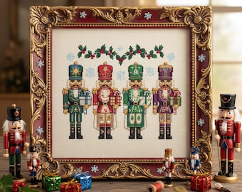 Christmas Nutcracker Cross Stitch Pattern: Festive Holiday Embroidery PDF with Four Soldiers, Gifts & Holly Garland