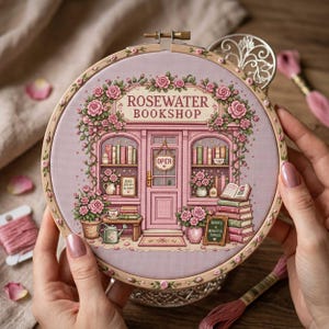 Peut inclure: Un tambour à broder circulaire en bois contenant un motif au point de croix détaillé d'une devanture rose intitulée Rosewater Bookshop. La scène présente des étagères de livres, des roses grimpantes, un arrosoir et un panneau Books & Beautiful Things.