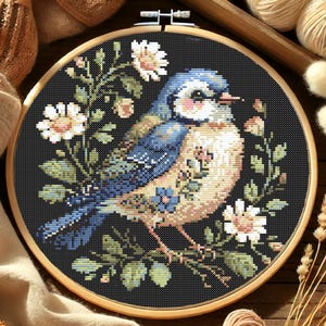 Floral Chubby Bluebird Cross Stitch Pattern Blue Bird Garden Wildflowers Embroidery Cottage Garden Bird Botanical Songbird Stitch Pattern