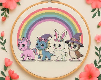 Patrón de punto de cruz con animales de fantasía arcoíris mágicos, bordado de unicornio, bordado de cuento de hadas pastel, PDF para principiantes