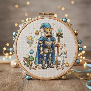 May include: A cross-stitch embroidery hoop featuring a detailed design of a nutcracker king in a blue cape and crown, holding a staff. The design includes a fairy, dragon, and unicorn. The hoop is decorated with blue and gold ornaments.