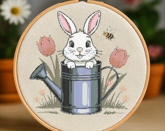 Spring Bunny in Watering Can Cross Stitch Pattern Cute Garden Rabbit Embroidery Flowers Springtime Rabbit Cross Stitch Woodland for Beginner