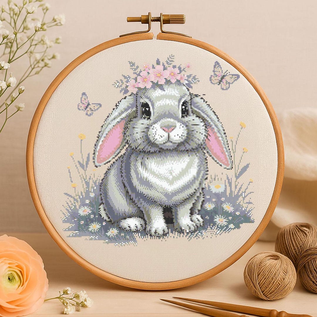 Floral Crown Bunny Cross Stitch Pattern Cute Garden Rabbit With Flowers ...