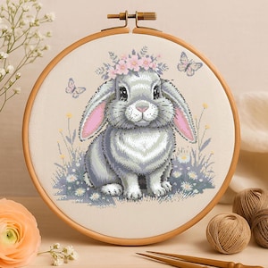 Floral Crown Bunny Cross Stitch Pattern Cute Garden Rabbit With Flowers Embroidery Flowers Springtime Rabbit Cross Stitch Woodland Beginner