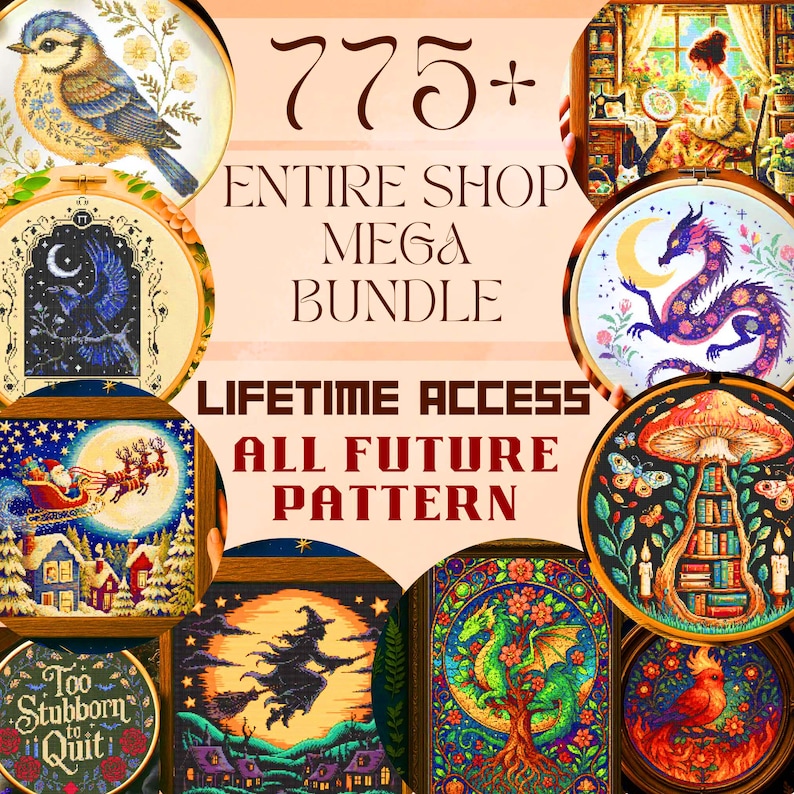 Step into a world of creativity with this Entire Shop Mega Bundle — a breathtaking digital library of 775+ cross stitch and embroidery patterns, available for lifetime access. Each printable PDF design captures a unique theme, from witchy Halloween motifs and festive Christmas cottages to fantasy dragons and cottagecore florals. Organized for easy download, this bundle offers instant access through Google Drive, giving makers a treasure chest of inspiration that grows every month new patterns