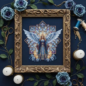 Könnte beinhalten: Kreuzstich-Kunst eines Engels in einem goldenen, verzierten Rahmen. Der Engel hat große blaue Flügel und trägt ein blaues Gewand. Der Hintergrund ist dunkelblau, und der Rahmen ist von blauen Rosen, Kerzen und goldenen Scheren umgeben.