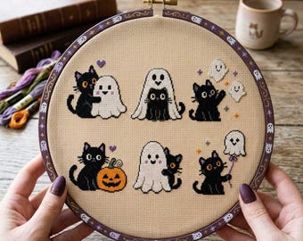 Kitten Halloween Sampler Cross Stitch Pattern: Friendly Ghost and Pumpkin Embroidery PDF