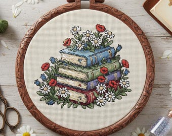 Books with Wildflowers Cross Stitch Pattern: Fantasy Embroidery PDF with Daisies and Poppies