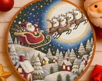 Santa Sleigh Christmas Village Cross Stitch Pattern Santa Flying Over Snowy Village Embroidery Pattern Holiday Christmas Cross Stitch PDF