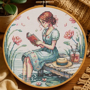 Summer Garden Girl Reading Cross Stitch Pattern Peaceful Girl Reading by Water Embroidery Floral Reading Scene Cross Stitch For Book Lovers