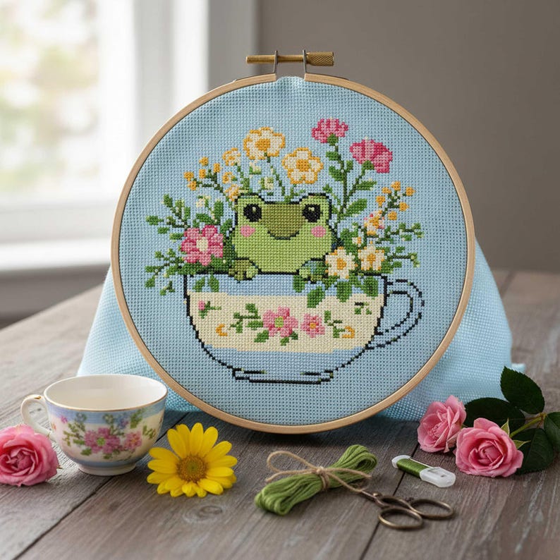 Spring Frog Cross Stitch Pattern: Garden Frog With Flowers in Teacup ...