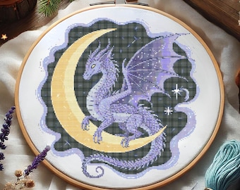 Padrão de ponto cruz de dragão celestial, bordado de fantasia ao luar, bordado de céu estrelado, dragão místico, ponto cruz de lua crescente