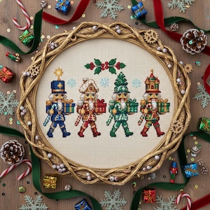 May include: A cross-stitch embroidery featuring four colourful nutcracker figures, each holding a gift. The figures are framed in a gold-coloured, ornate, circular frame. The background includes Christmas decorations such as candy canes, snowflakes, and small wrapped gifts.