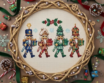 Christmas Marching Nutcracker Cross Stitch Pattern: Holiday Embroidery PDF with Soldiers, Gifts & Holly Garland