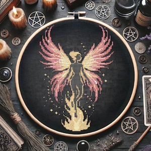 Girl Phoenix Fire Fairy Cross Stitch Pattern, Mystical Fantasy Embroidery, Glowing Wings & Flames Needlework, Celestial Fire Cross Stitch