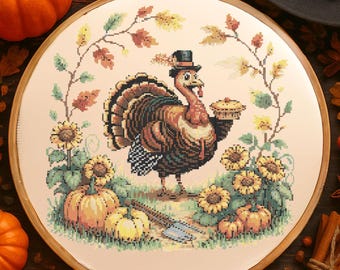 Thanksgiving Truthahn Kreuzstichmuster Truthahn Halten Torte Umgeben Stickmuster Thanksgiving Urlaub Kreuzstich PDF Herbst Liebhaber