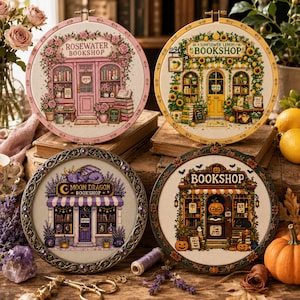 A warm boho orange Etsy listing photo for a 36 Bookshop Cross Stitch Bundle, featuring cozy embroidered bookstore designs displayed inside wooden embroidery hoops. The image has a soft autumn-inspired background with burnt orange, cream, beige, and brown tones, decorated with dried flowers, lace, leaves, vintage paper textures, and handmade craft details. The center text highlights “36 Bookshop Bundle” and “Cross-Stitch Patterns,” making the product clear for buyers who love cozy bookstores,
