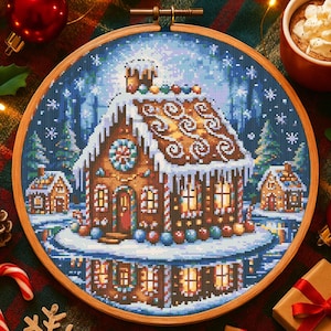 Christmas Gingerbread House Cross Stitch Pattern Christmas Candy House Village Embroidery Pattern Iced Gingerbread Cottage Cross Stitch PDF