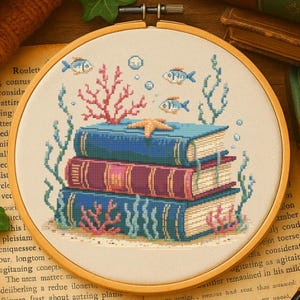 Ocean Book Stack Cross Stitch Pattern Magical Ocean Book Lover Embroidery Marine Fantasy Ocean Scene Cross Stitch PDF For Book Lovers