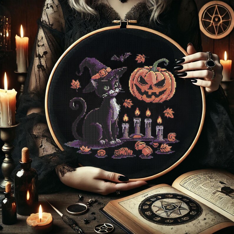 Halloween Witch Cat Cross Stitch Pattern, Spooky Black Cat With Pumpkin ...