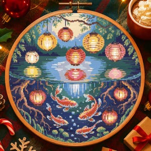 Peut inclure: Broderie au point de croix dans un cercle en bois. Le motif représente une scène sereine avec des lanternes lumineuses se reflétant dans l'eau, au-dessus de carpes koï nageant. La palette de couleurs comprend des bleus, des verts, des oranges et des jaunes.