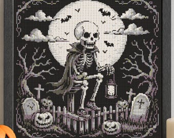 Gothic Skeleton Cross Stitch Pattern Halloween Skeleton Lantern Bearer Embroidery Pattern Spooky Ghostly Skeleton Halloween Cross Stitch PDF