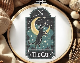 The Cat Cross Stitch Pattern, Mystical Moonlit Black Cat Embroidery, Gothic Witchy Tarot Cross Stitch, Witchy Tarot  Black Cat Cross Stitch