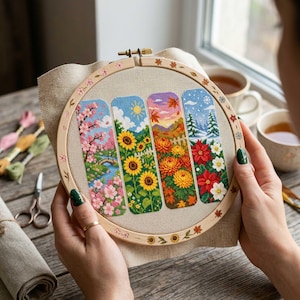 This cross stitch bookmark collection celebrates the beauty of all four seasons through detailed floral and landscape scenes. Spring features blooming cherry blossoms and a peaceful stream, summer showcases vibrant sunflowers beneath a sunny sky, autumn glows with warm golden chrysanthemums and colorful falling leaves, while winter presents elegant poinsettias against a snowy landscape. Together, the designs create a stunning seasonal journey through nature's changing beauty.