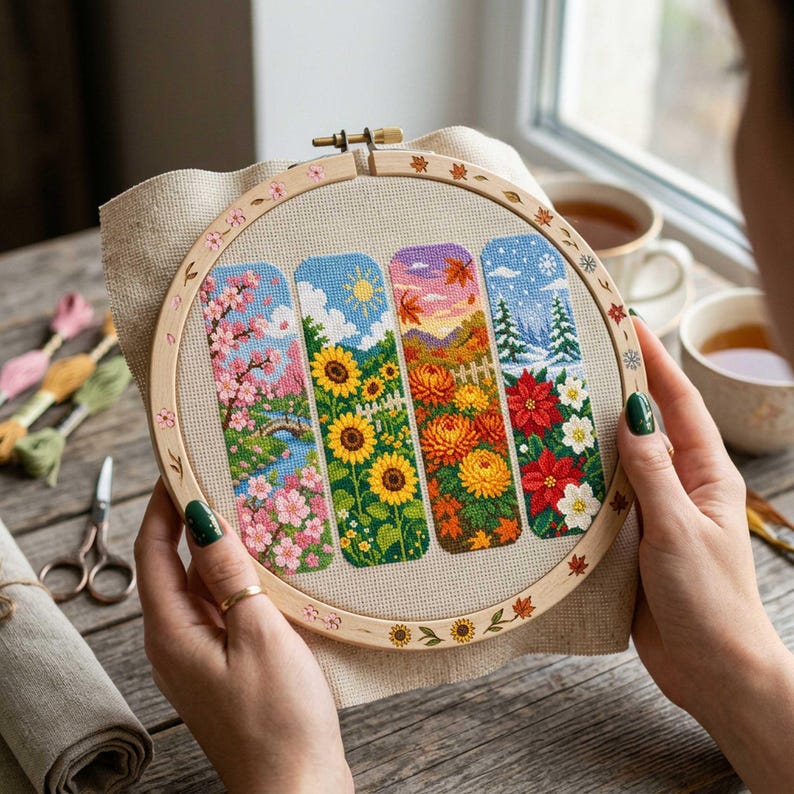 This cross stitch bookmark collection celebrates the beauty of all four seasons through detailed floral and landscape scenes. Spring features blooming cherry blossoms and a peaceful stream, summer showcases vibrant sunflowers beneath a sunny sky, autumn glows with warm golden chrysanthemums and colorful falling leaves, while winter presents elegant poinsettias against a snowy landscape. Together, the designs create a stunning seasonal journey through nature's changing beauty.