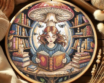 Fantasie Pilz Bibliothek Mädchen Kreuzstich-Muster Magischer Pilz Bücherregal Stickerei Fantasie Bücher Bibliothek Kreuzstich PDF