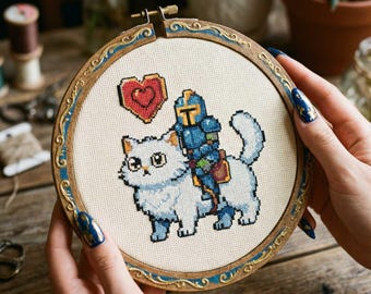 Fantasy Cat Mount Cross Stitch Pattern: Little Knight, Fluffy Cat Companion & Love Heart Embroidery PDF