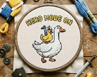 Hero Mode On Cross Stitch Pattern: Funny Goose Carrying Duck Embroidery PDF