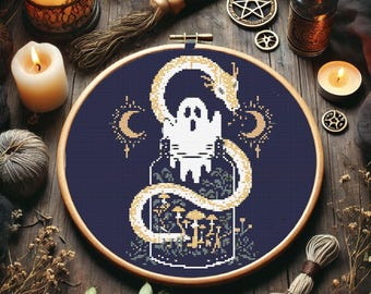 Ghost & Serpent in a Potion Bottle Cross Stitch Pattern, Gothic Apothecary Embroidery, Halloween Ghost Dark Fantasy Cross Stitch Halloween