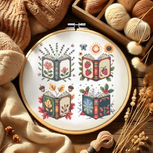 Seasonal Storybooks Cross Stitch Pattern Four Seasons Open Books Embroidery Floral Bookshelf Seasonal Cottagecore Stitcher For Book Lover