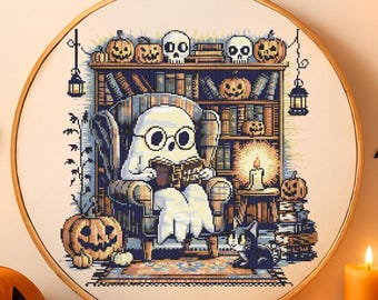 Cozy Ghost Reading Cross Stitch Pattern Halloween Spooky Cute Ghost Reading Embroidery Ghost With Book Library Gothic Cross Stitch PDF