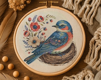 Botanical Bluebird Cross Stitch Pattern Floral Bluebird Embroidery Wildflowers Cottagecore Nature Needlework Botanical Songbird Cross Stitch