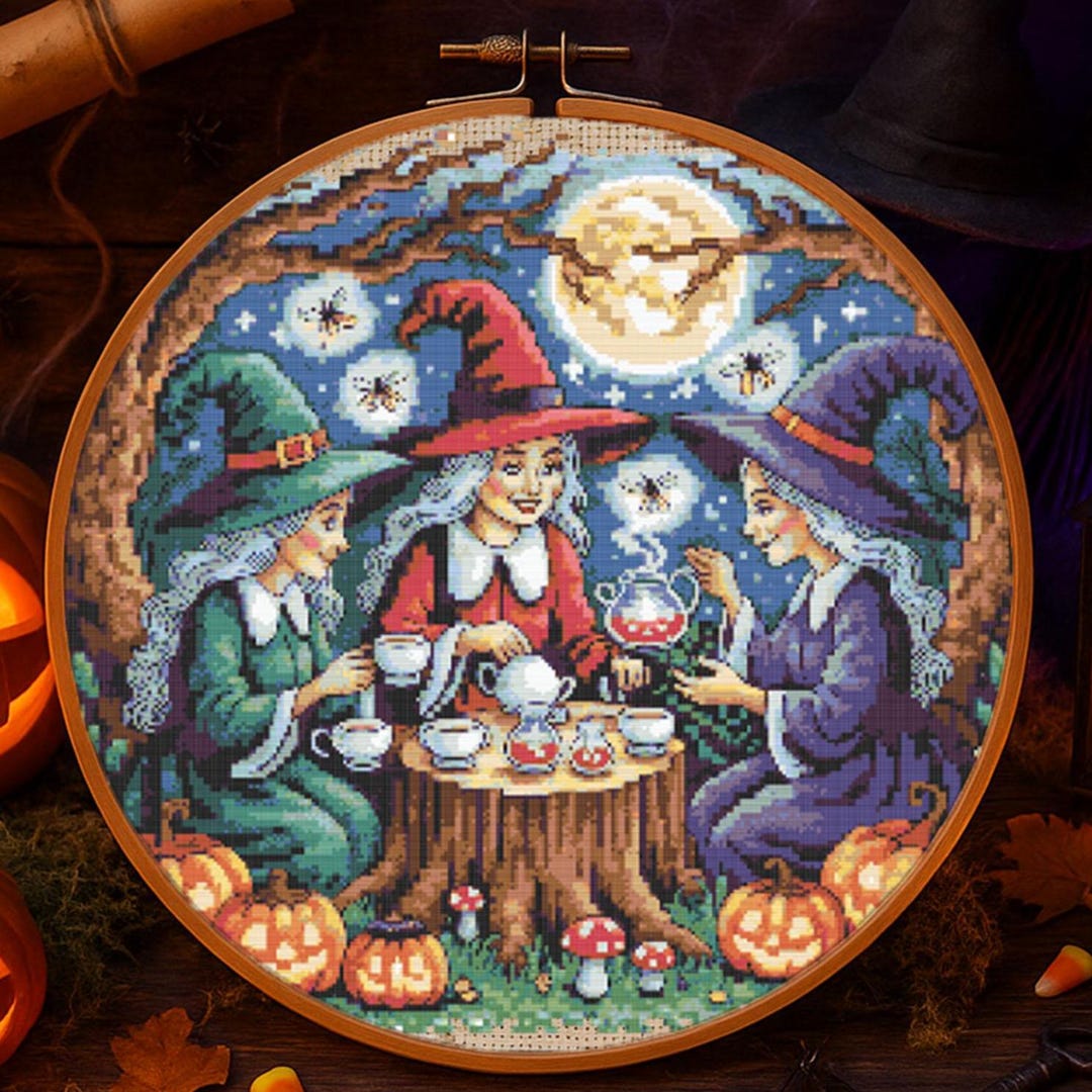 Witchy Tea Party Cross Stitch Pattern Halloween Witches With Pumpkin ...