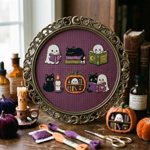 Halloween Reading Cross Stitch Pattern: Black Cat Ghost Spooky Books Embroidery PDF