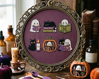 Halloween Reading Cross Stitch Pattern: Black Cat Ghost Spooky Books Embroidery PDF