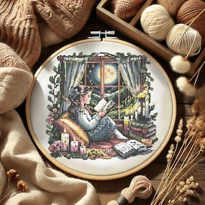 Cozy Girl Reading Cross Stitch Pattern, Girl Reading by Moonlight Embroidery, Vintage Embroidery Scene, Woman Reading by Window Cross Stitch