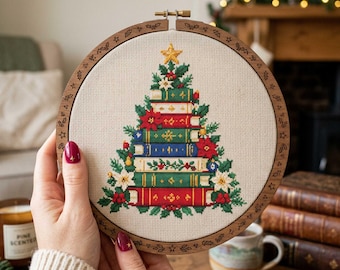Patrón de punto de cruz del árbol de libros navideños: Bordado de libros navideños con flor de Pascua en PDF